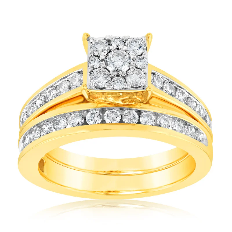 Yellow gold engagement ring for women-9ct Yellow Gold 1 Carat Diamond Bridal Set Ring with Halo Setting