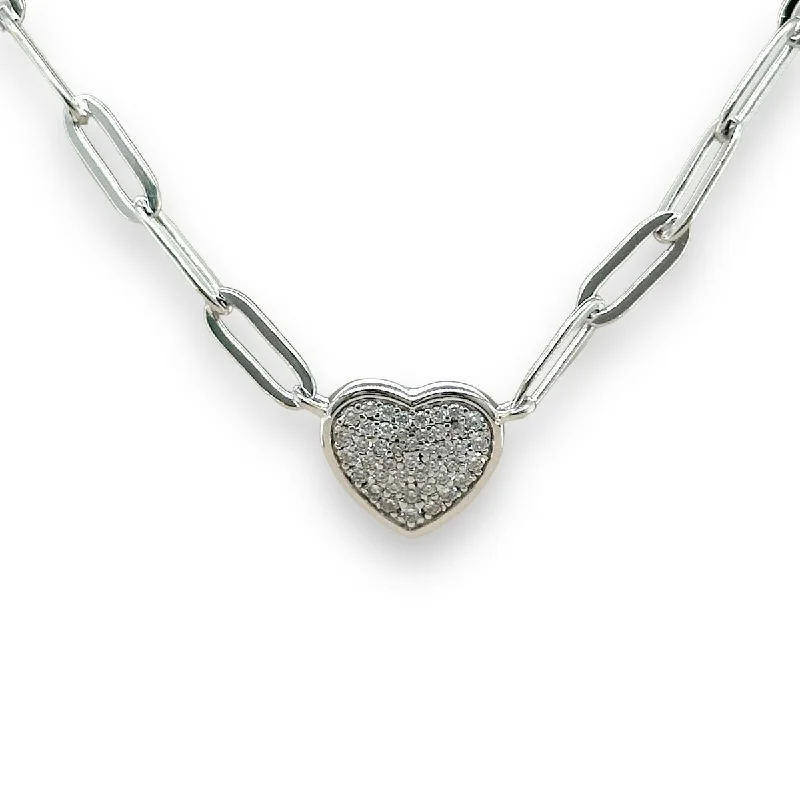 Modern necklace for women-SS CZ Heart Paperclip Necklace