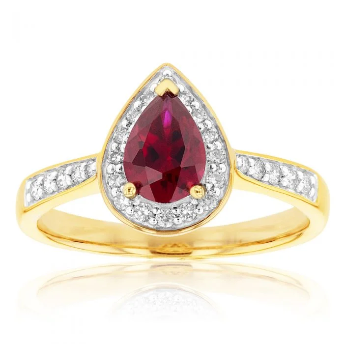 Heart-shaped engagement ring for women-9ct Yellow Gold Created Ruby and 1/5 Carat Diamond Pear Halo Ring