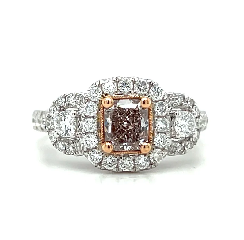 Modern engagement ring for women-18k Two Tone Gold Cushion Shape Fancy Pinkish Brown Diamond Halo Three Stone Ring