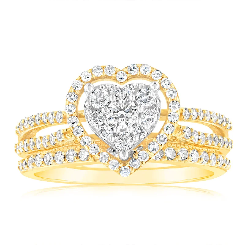 Halo diamond engagement ring for women-Luminesce Lab Grown 9ct Yellow Gold 0.70 Carat Diamond Heart Shaped Bridal Set