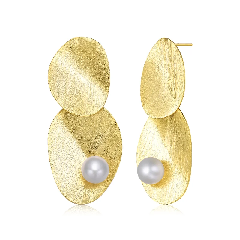 Vintage diamond earrings for women-Delphine Brushed Leaf Golden Pearl Earrings