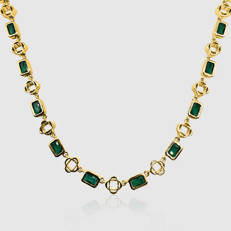 Wedding necklace set for women-Green Gemstone Clover Necklace (Gold)