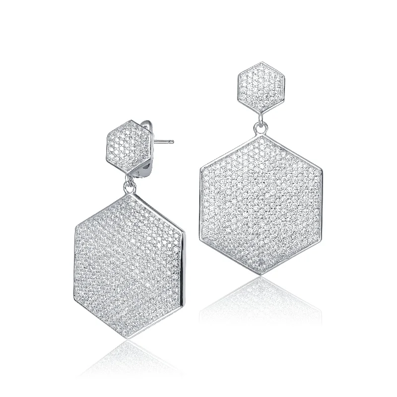 Heart earrings for women-Rhodium Overlay Cubic Zirconia Hexagon Earrings