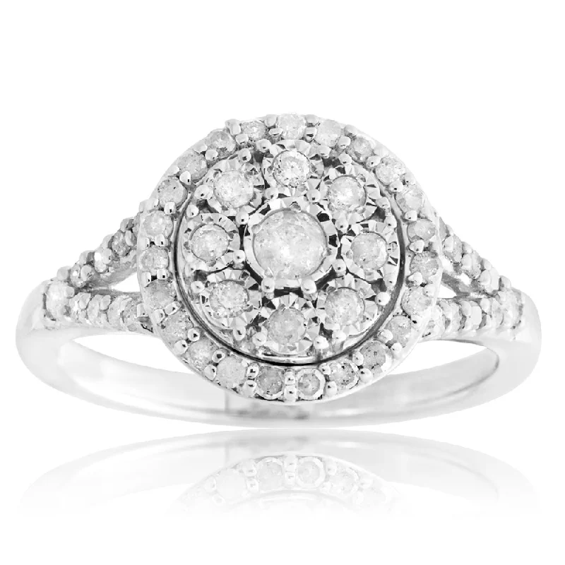 Custom platinum engagement ring for women-Silver 1/2 Carat Cluster Dress Ring with 50 Brilliant Diamonds