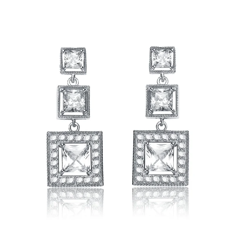 Heart-shaped earrings for women-Cubic Zirconia Sterling Silver Rhodium Plated Square Shape Drop Earrings