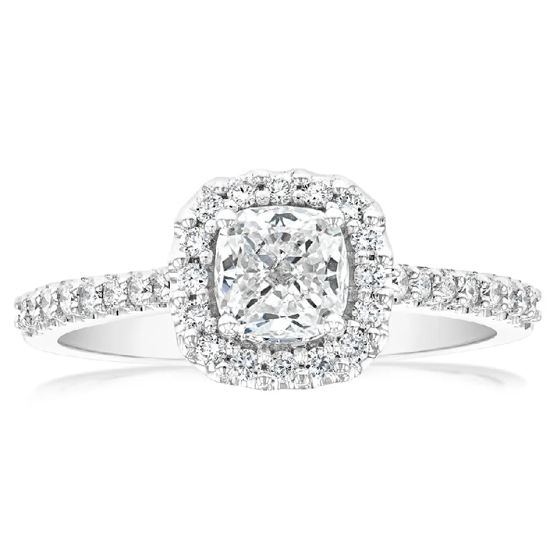 Art deco diamond engagement ring for women-Luminesce Lab Grown 18ct White Gold 1 Carat Diamond Cushion Halo Ring