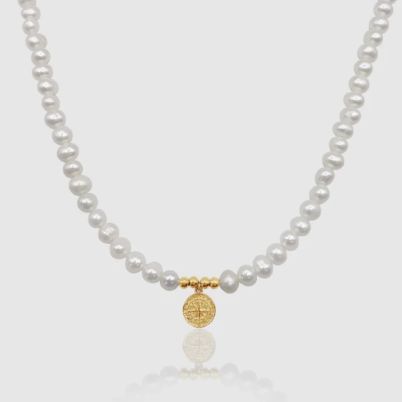 Crystal necklace for women-Compass Real Pearl Necklace (Gold)