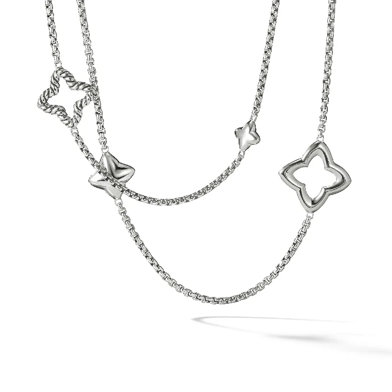 Boho necklace for women-Quatrefoil Box Chain Necklace in Sterling Silver