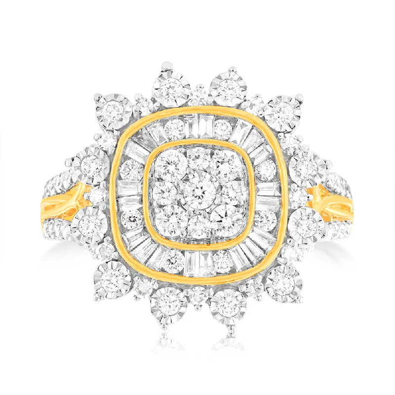 Custom bridal engagement ring for women-Luminesce Lab Grown 1 Carat Diamond Cushion Cluster Ring in 9ct Yellow Gold