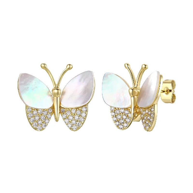 Hoop earrings with diamonds for women-Sterling Silver Large 14k Gold Plated with Mother of Pearl & Cubic Zirconia Butterfly Stud Earrings