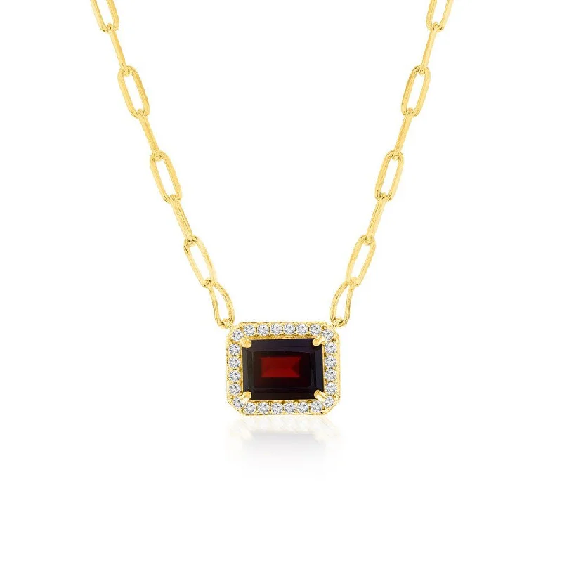 Trendy necklace for women-YGP Sterling Paperclip chain with White Zircon and Garnet Pendant