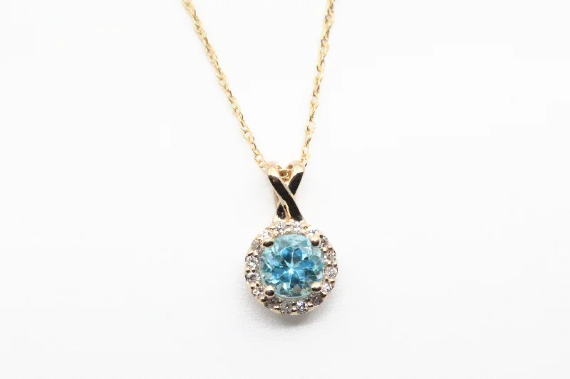 Long pendant necklace for women-Yellow Gold Blue Topaz Pendant with Diamond Halo