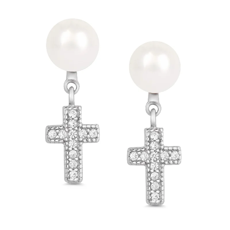 Multi-layer earrings for women-Freshwater Pearl and CZ Cross Dangle Earrings in Sterling Silver