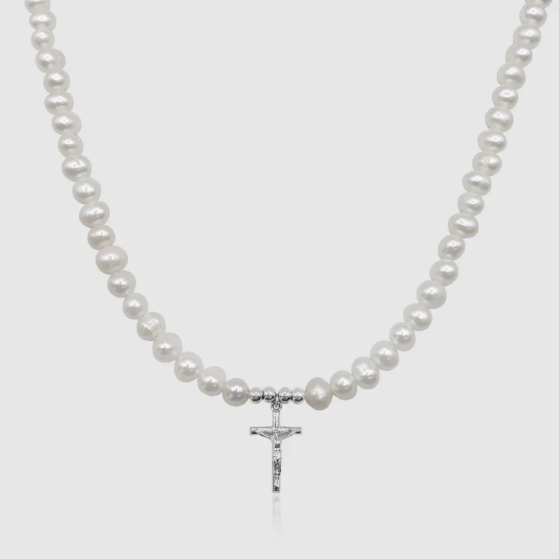 Statement gemstone necklace for women-Crucifix Real Pearl Necklace (Silver)