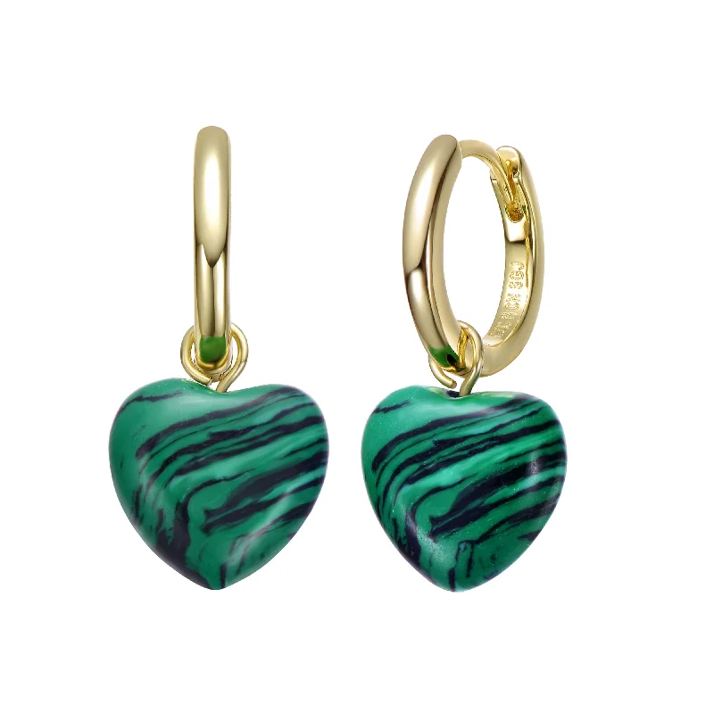 Custom gemstone earrings for women-Sterling Silver 14k Gold Plated Simulated Malachite Puffed Heart Dangle Earrings