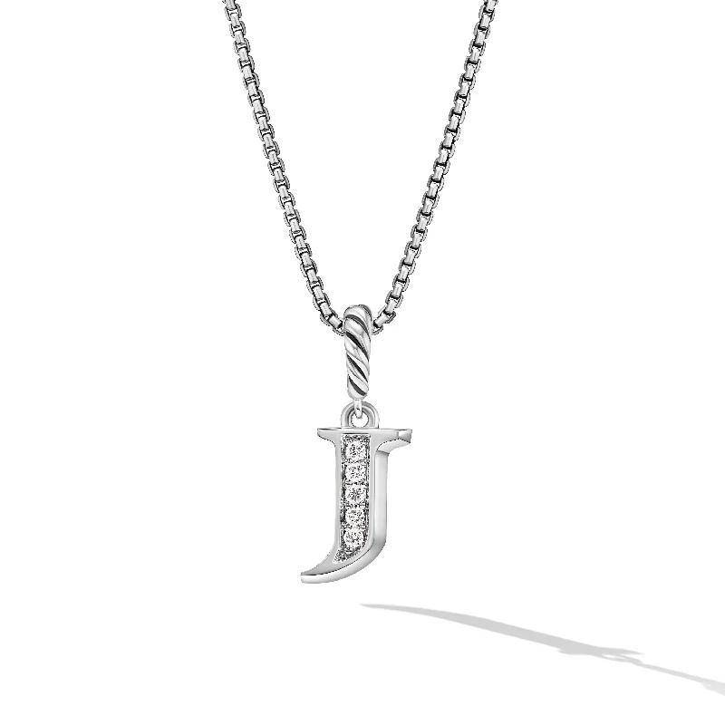 Wedding necklace for women-Pavé Initial Pendant Necklace in Sterling Silver with Diamond J