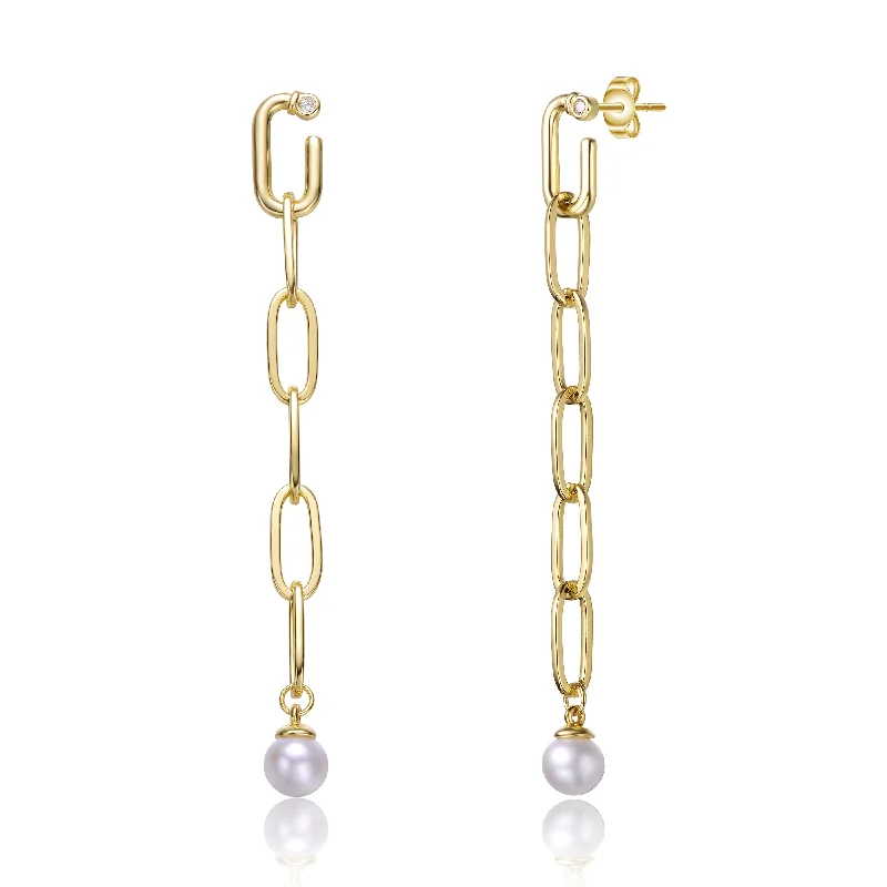 Crystal drop earrings for women-Delphine Golden Link Pearl Dangle Earrings