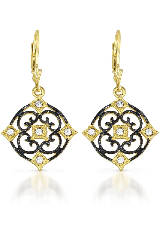 Chunky gold earrings for women-Cubic Zirconia Sterling Silver Black And Gold Deco Earrings