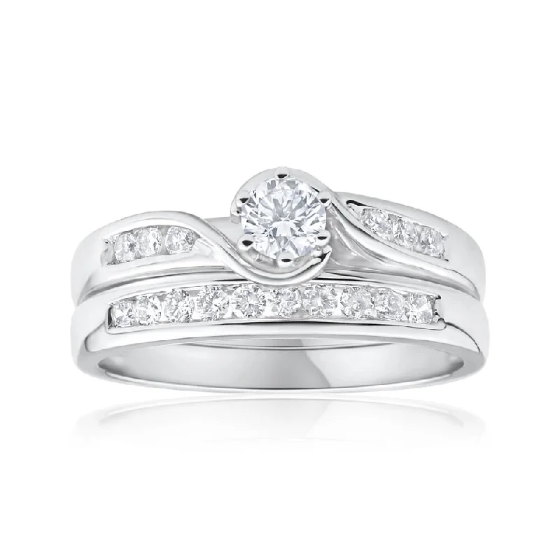 Affordable gold engagement ring for women-9ct White Gold 1/2 Carat Diamond 2 Ring Bridal Set With 16 Diamonds