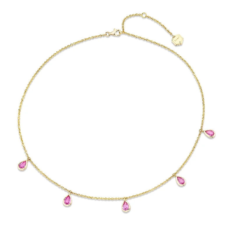 Gold pearl necklace for women-PINK SAPPHIRE 5 PEAR DROP NECKLACE