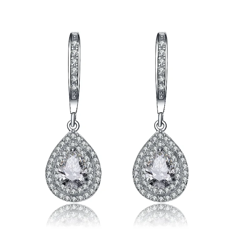 Floral stud earrings for women-Sterling Silver Pear Drop Cubic Zirconia with Double Halo Earrings