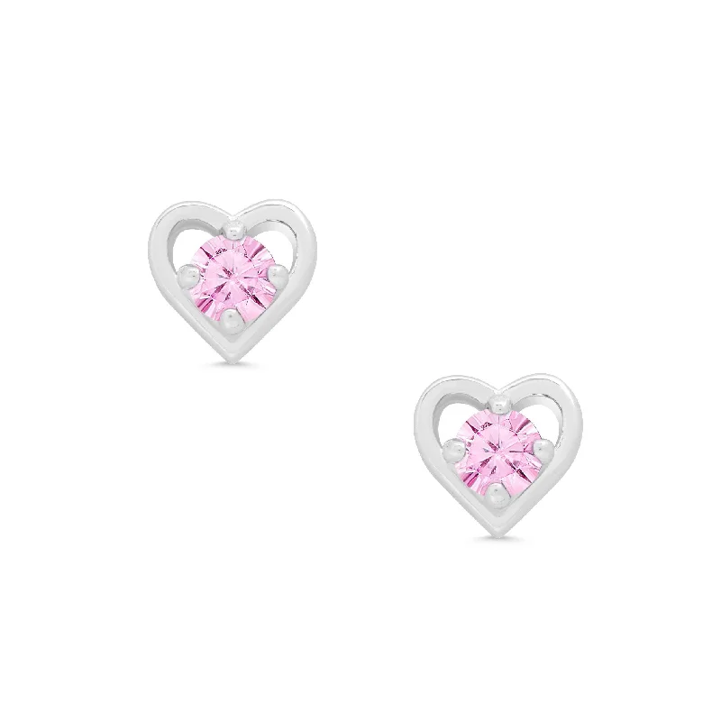 Elegant hoop earrings for women-Pink CZ Heart Stud Earrings in Sterling Silver