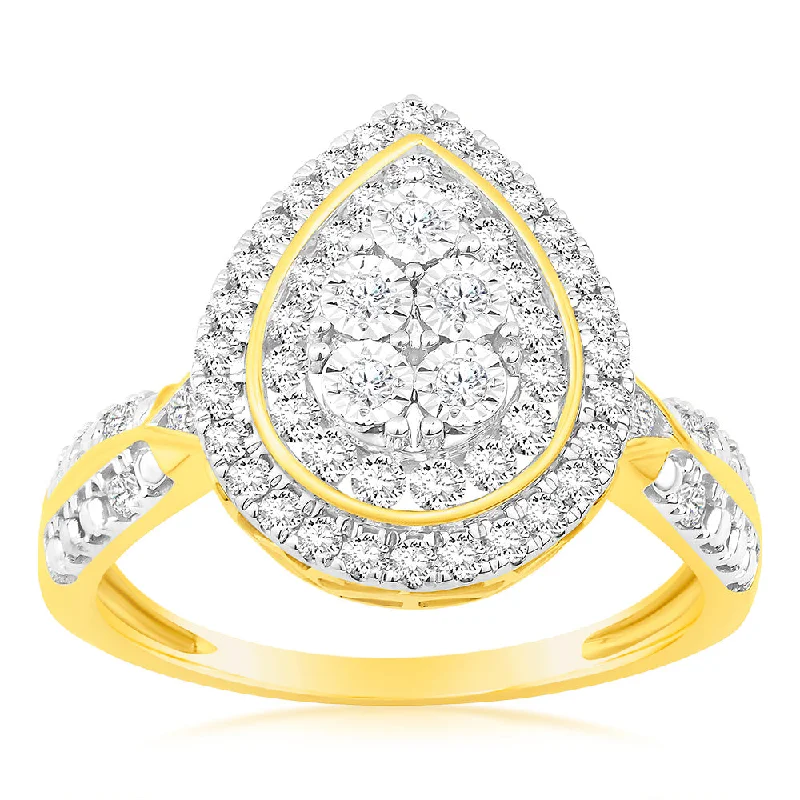 Engagement ring with halo for women-Luminesce Lab Grown 9ct Yellow Gold Pear Shaped Ring in 56 Brilliant Cut Diamonds