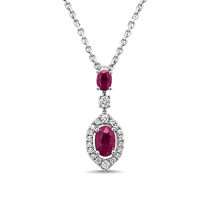 Necklace with colored diamonds for women-Double Oval Ruby and Diamond Pendant