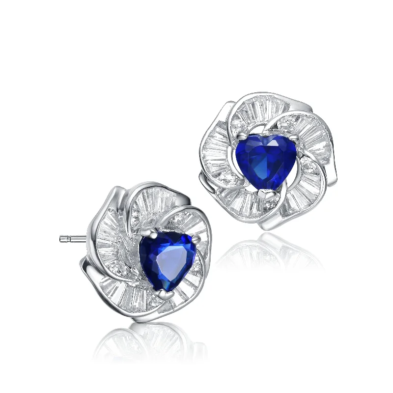 Personalized hoop earrings for women-Cubic Zirconia Rhodium Plated Heart Shape Blue Solatire Flower Stud Earrings