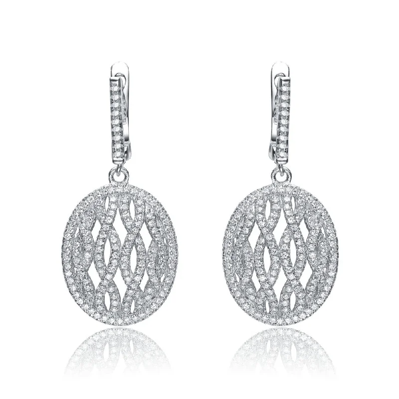 Diamond drop earrings for women-CZ Sterling Silver Rhodium Plated Oval Shape Drop Huggie Earrings