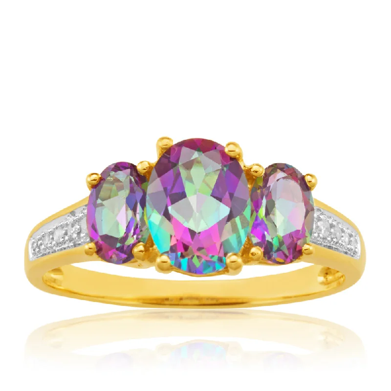 Double band engagement ring for women-9ct Yellow Gold Enhanced Mystic Topaz Oval Cut & Diamond Trilogy Ring