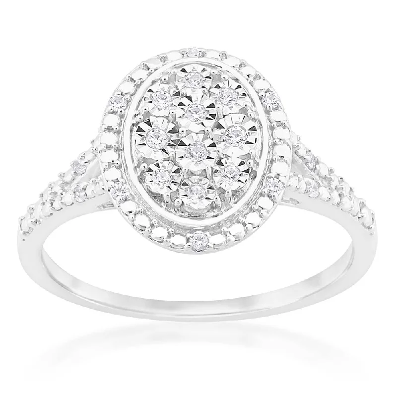 Personalized engagement ring for women-Silver Diamond Oval Cluster Ring with 20 Diamonds