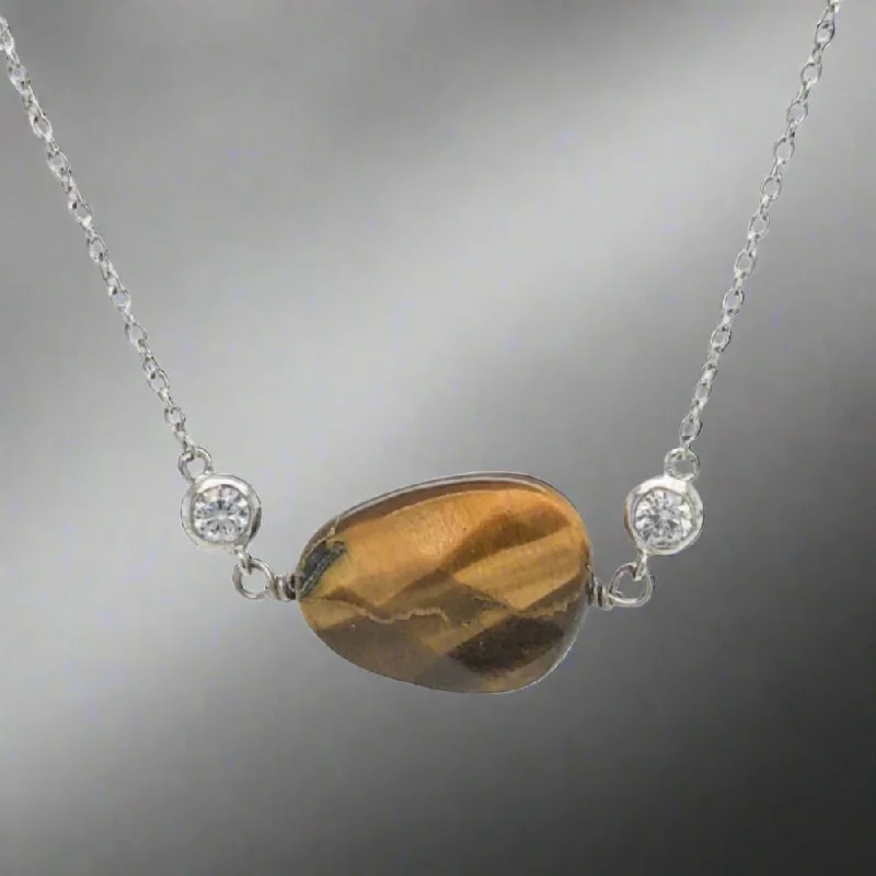 Birthstone necklace for women-Sterling Silver Brown Tiger Eye with Small CZs Necklace