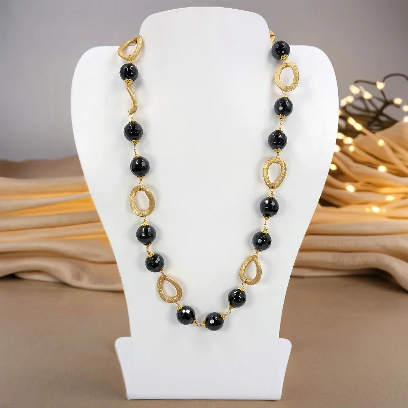 Adjustable necklace for women-YGP Faceted Onyx Bead Oval Link Necklace