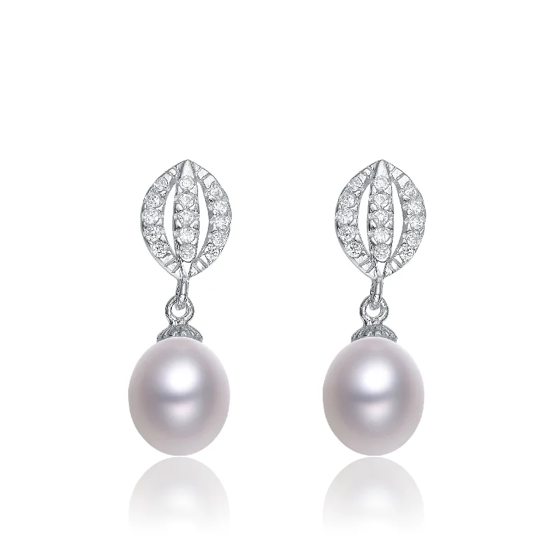 Matching earrings for women-Cubic Zirconia Sterling Silver Rhodium Plated Pearl Drop Earrings