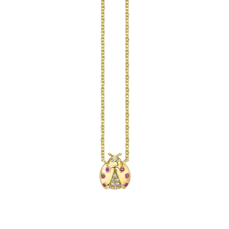 Trendy gold necklace for women-Gold & Diamond Open Wing Ladybug Necklace