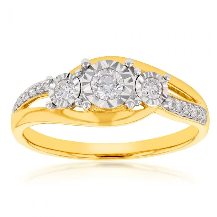 Unique halo engagement ring for women-9ct Yellow Gold 1/4 Carat Diamond Trilogy Ring both