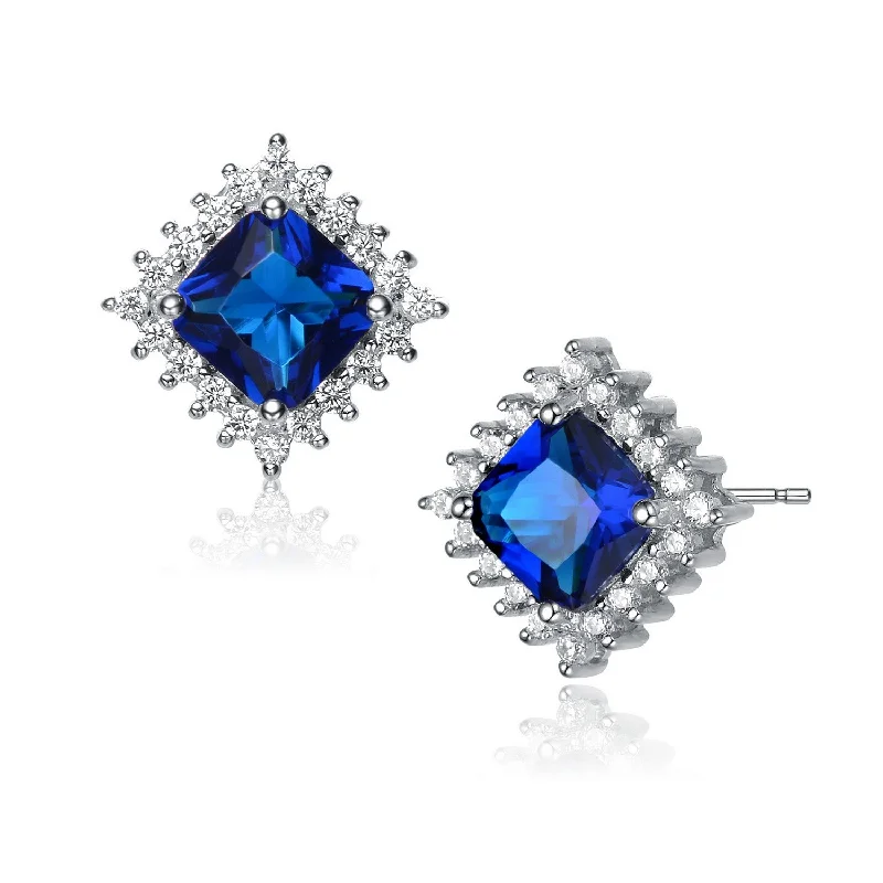 Minimalist earrings for women-Sterling Silver Sapphire Cubic Zirconia Square Earrings