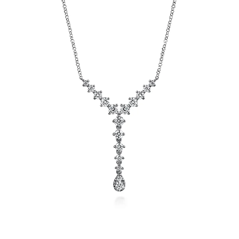 Diamond and ruby necklace for women-14K White Gold Graduating Diamond Y Necklace