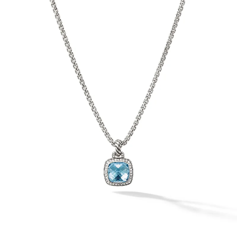 Silver statement necklace for women-Albion® Pendant in Sterling Silver with Blue Topaz and Diamonds\, 11mm