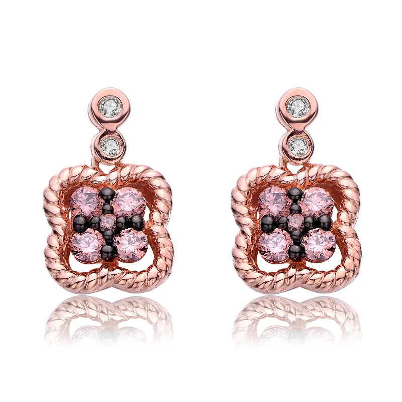 Boho earrings for women-Sterling Silver Rose Gold Plated Black and Champagne Round Cubic Zirconia Drop Earrings