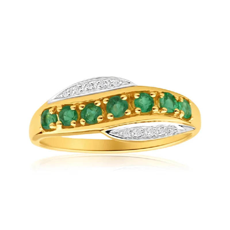 Princess diamond engagement ring for women-9ct Elegant Yellow Gold Diamond + Emerald Ring