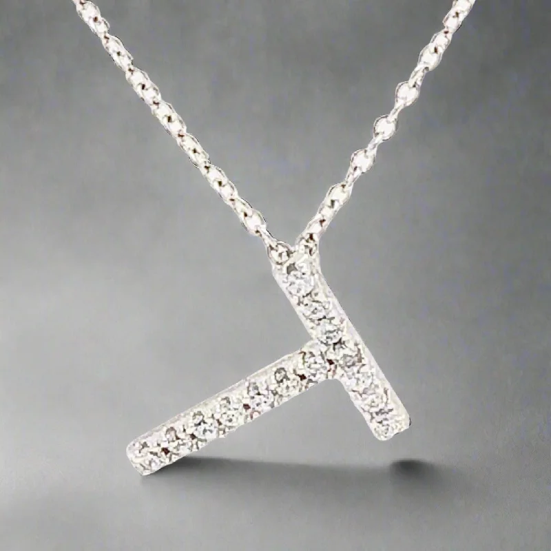 Simple chain necklace for women-SS "T" Diagonal CZ Necklace with 16" Chain