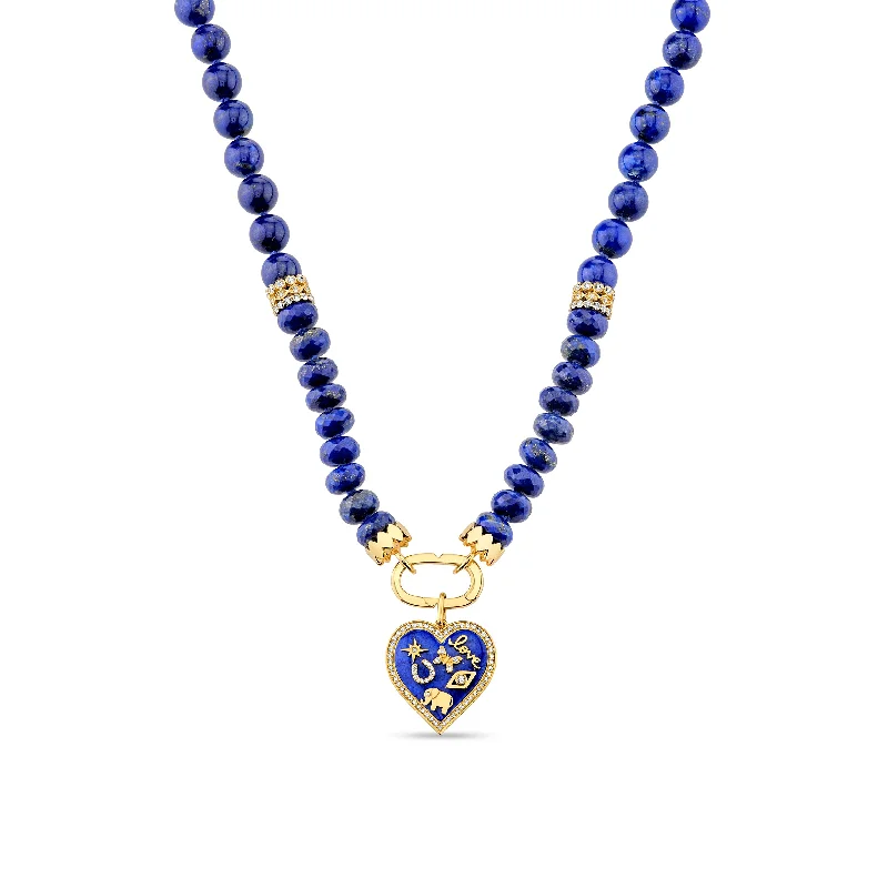 Elegant pearl necklace for women-Gold & Diamond Puffy Icon Heart Lapis Necklace