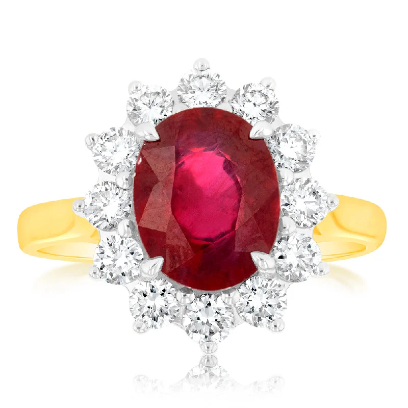 Designer engagement ring for women-9ct Yellow Gold Luminesce Lab Grown 1 Carat Diamond and 4ct Natural Enhanced Ruby Cocktail Ring