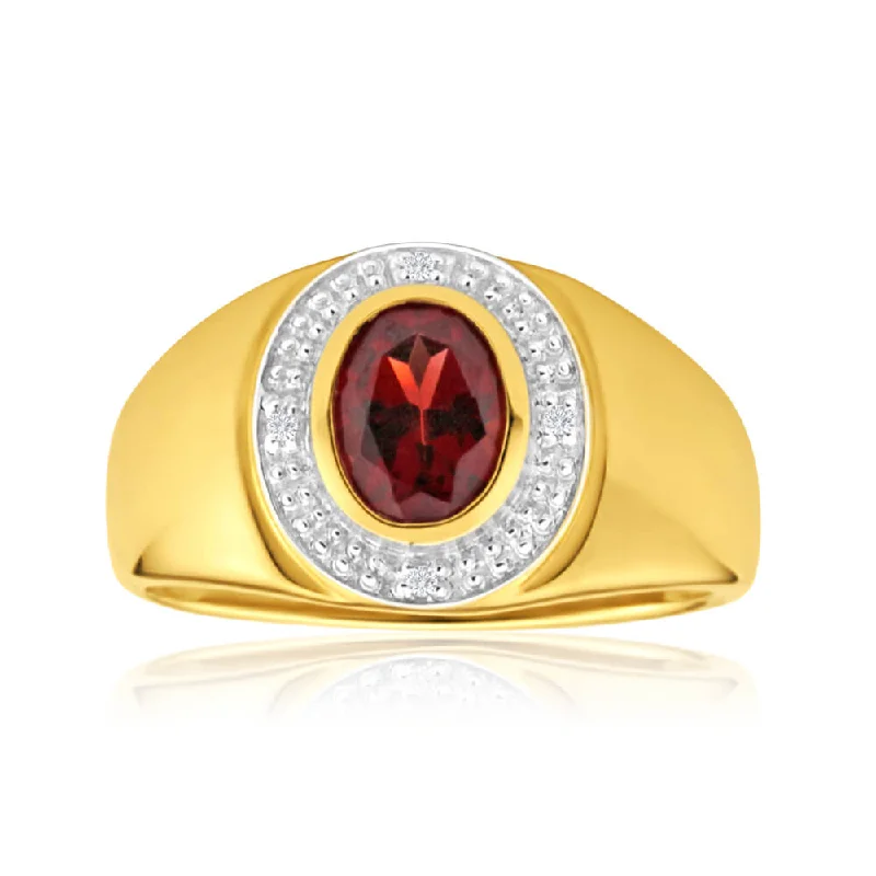 Yellow gold engagement ring for women-9ct Yellow Gold Garnet and Diamond Gents Ring