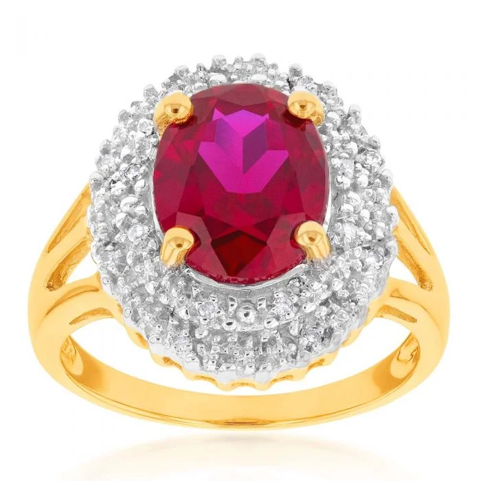 Gold diamond engagement ring for women-9ct Yellow Gold 8x10mm Created Ruby + Diamond Halo Ring