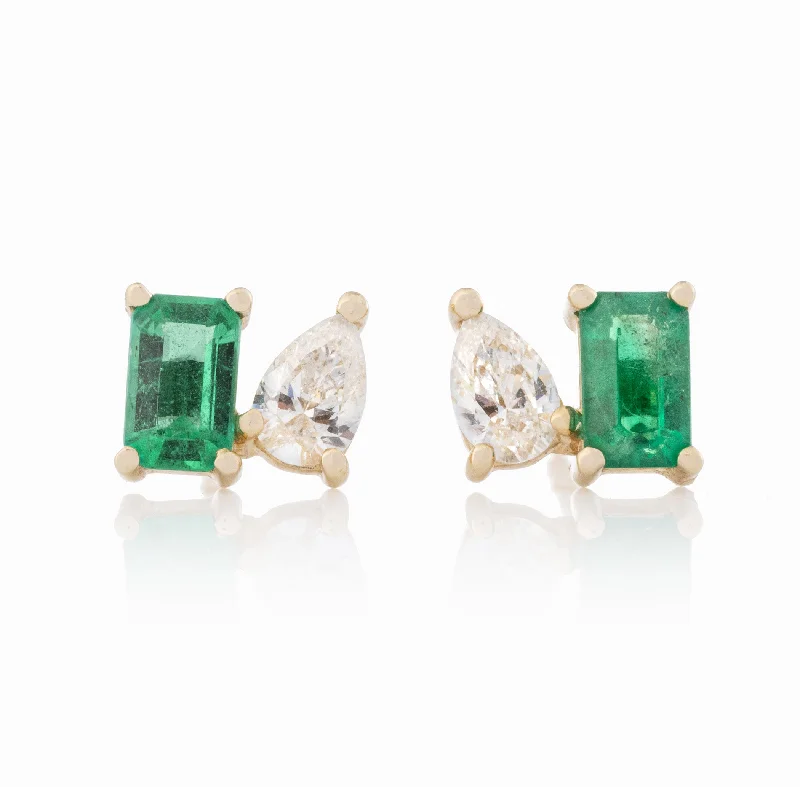 Long chain earrings for women-Moi Et Toi Emerald Cut Emerald and Pear Shaped Diamond Studs