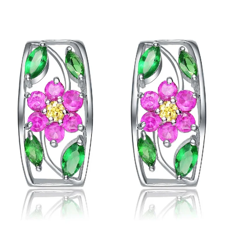 Sapphire earrings for women-Sterling Silver Multicolor Cubic Zirconia Growing Flower Earrings